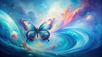 Wall Mural - a serene blue morpho butterfly soaring through a whimsical, dreamlike celestial wave