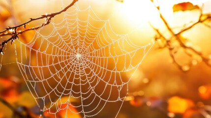 Wall Mural - Beautiful spider web in wild field with dew in morning in Spring.