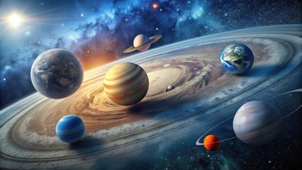 Wall Mural - A Celestial Ballet Planets Orbiting Within a Dusty, Swirling Disk in a Vast Cosmic Landscape