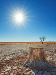 Poster - Bright sunlight illuminates lone tree stump in dry, cracked desert landscape under clear blue sky. Generative AI