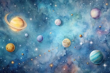 Wall Mural - Celestial Watercolor Painting of Planets, Stars, and Nebulae in a Dreamlike Cosmic Landscape
