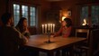 © Endry Creator - A cozy family gathering around a menorah during Hanukkah, with children and adults enjoying time together in a warm, inviting cabin-like setting. Generative, AI,