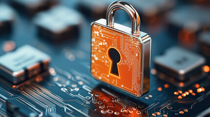 Poster - padlock on circuit board symbolizes cybersecurity in global finance, highlighting secure online transactions and data protection