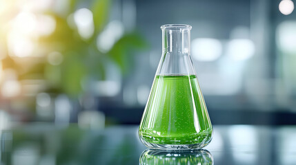 Poster - Erlenmeyer flask with mysterious green liquid on reflective surface in laboratory setting. vibrant color and scientific environment suggest experimentation