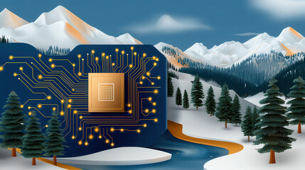 Poster - glowing circuit board with ai chip is integrated into snowy mountain landscape, blending technology 