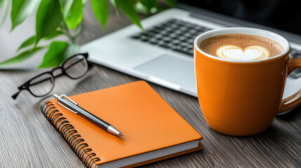 Poster - cozy workspace featuring modern laptop, orange coffee cup with latte art, notebook, and glasses on wooden desk, surrounded by green leaves
