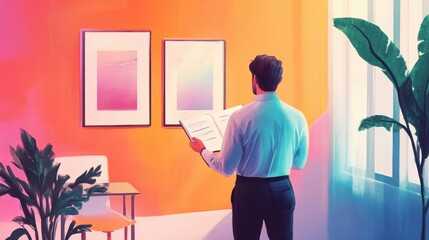 Poster - A man looks at a book standing in a colorful room