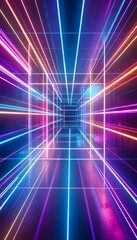 Poster - Geometric tunnel of neon light lines and square frames