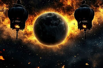 Wall Mural - celestial inferno burning planet with ancient lanterns