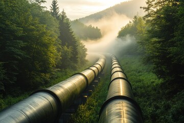 Aufkleber - Gas pipelines flow through a vibrant green forest landscape with mountains in the background at dawn. Generative AI