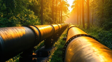 Poster - Gas pipelines stretch through a vibrant forest at sunset with golden light illuminating the scene. Generative AI