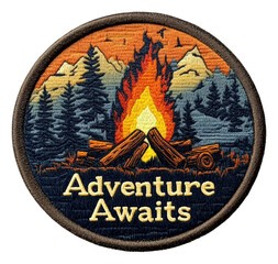 Camping adventure patch nature embroidery outdoor setting. Patch design isolated