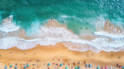 Wall Mural - Aerial perspective showcasing a vibrant beach scene with people enjoying the sun, surfboards scattered on the golden sand, and waves gently breaking.