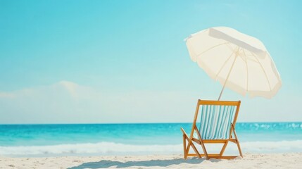 Wall Mural - A beach scene featuring a chair and an umbrella positioned near the ocean, ideal for relaxation and enjoying the seaside view.