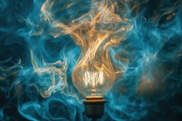 Poster - Glowing gas lamp emits vibrant light amidst swirling blue smoke in a dimly lit atmosphere. Generative AI
