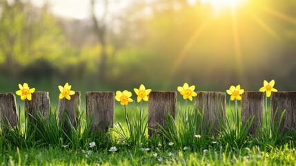 Canvas Print - Vibrant yellow flowers bloom from a rustic wooden fence, set against a picturesque field, showcasing nature's beauty and resilience.