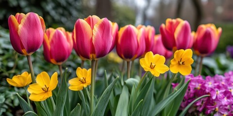 Wall Mural - A vibrant garden scene showcasing brightly colored tulips alongside beautiful purple and yellow flowers, creating a cheerful floral display.