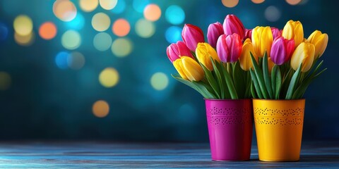 Canvas Print - A vibrant arrangement of tulips in a vase atop a table, set against a soft bokeh background filled with warm, glowing lights.