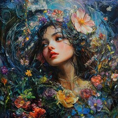 Poster - Captivating portrait of a woman surrounded by vibrant flowers and lush nature in an artistic style. Generative AI