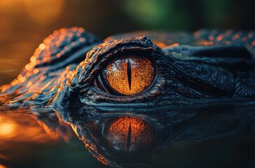 Poster - Close-Up Shot of Sly Alligator Eye Reflecting Warm Colors in a Mysterious Outdoor Habitat with Water Ripples and Soft Lighting Effects