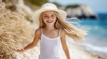 Wall Mural - A young girl in a white top and hat strolls along a sandy beach, enjoying the sun and sea breeze, embodying a carefree summer vibe.