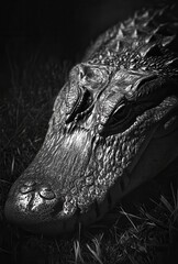 Poster - Realistic Black and White Portrait of a Crocodile Head on Grass with Textured Skin and Intricate Details Capturing Nature's Wild Beauty