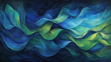 Wall Mural - Elegant abstract composition, organic undulating forms, rich tonal contrast of dark blue and vibrant green