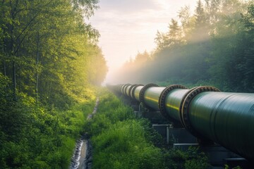 Aufkleber - Gas pipelines traverse through green forest landscape under soft morning light. Generative AI