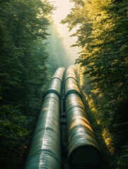 Poster - Gas pipelines extend through a verdant forest surrounded by sunlight and foliage in a serene environment. Generative AI
