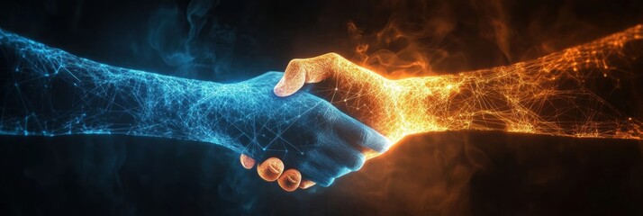 Leinwandbilder - Glowing handshake signifies partnership and collaboration in business connections with digital abstract design. Generative AI