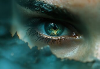 Poster - Captivating Close-Up of Human Eye Surrounded by Nature, Showcasing Intricate Details and Vivid Colors for Creative and Artistic Projects