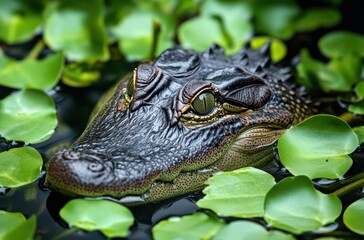 Poster - Close-Up of a Crocodile Head Emerging from Water Surrounded by Lush Green Lilies in a Calm Natural Habitat