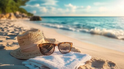 Wall Mural - A stylish pair of sunglasses and a hat rest on a beach towel, capturing a warm, relaxing day by the ocean.