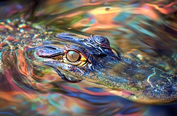 Poster - Close-Up of a Lush Green Frog with Beautifully Colored Skin Swimming in a Vibrant and Reflective Water Surface Under a Bright Sunlight