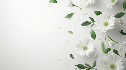 Aufkleber - White flowers gracefully accompanied by green leaves on a pure white background creating a soft and serene floral display