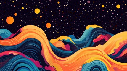 Poster - Abstract Colorful Waves and Stars in a Cosmic Background