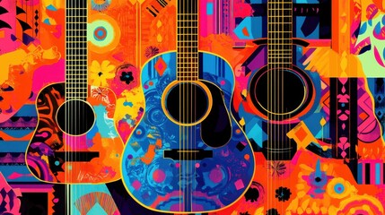 Poster - Colorful Acoustic Guitars Surrounded by Vibrant Patterns and Textures