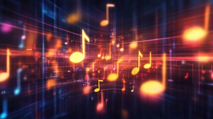 Fototapete - Colorful abstract music notes over a vibrant digital background