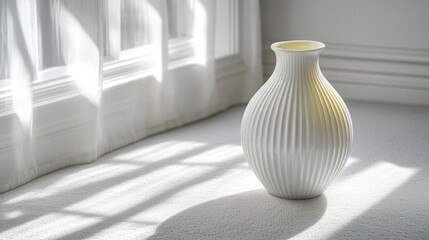 Canvas Print - A white vase is positioned on the floor, illuminated by natural light streaming through a nearby window.