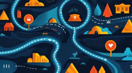 Poster - Colorful Abstract Map Illustration with Roads and Landmarks Design