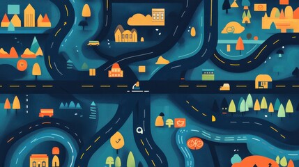 Poster - Colorful Illustrated Map with Roads, Trees, Buildings, and Vehicles