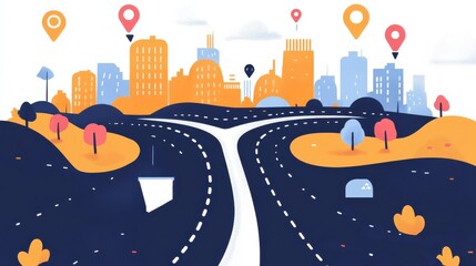Poster - Colorful Cityscape with Road, Landmarks, and Navigation Markers