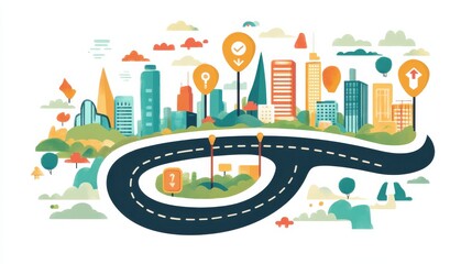 Poster - Colorful Urban Landscape with Road and City Icons Illustration