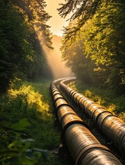 Poster - Gas pipelines wind through a serene green forest with sun rays illuminating the quiet landscape at dawn. Generative AI