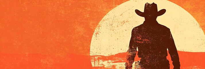 cowboy silhouette against a golden sunrise walking towards the viewer