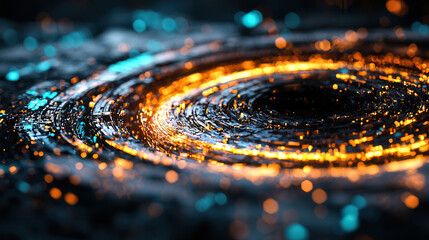 Poster - Digital abstract design featuring glowing orange and blue elements, creating mesmerizing spiral effect