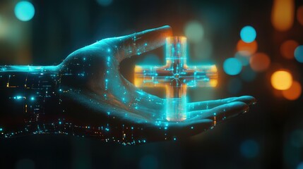 Poster - A technology-driven healthcare representation with a futuristic hand holding a luminous medical cross.