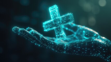 Poster - A technology-driven healthcare representation with a futuristic hand holding a luminous medical cross.