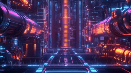 Aufkleber - Futuristic gas power plant illuminated by glowing neon pipelines in a high tech environment. Generative AI