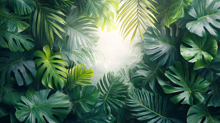 Aufkleber - Dense jungle scene filled with abundant green leaves underneath a bright blue sky and natural sunshine